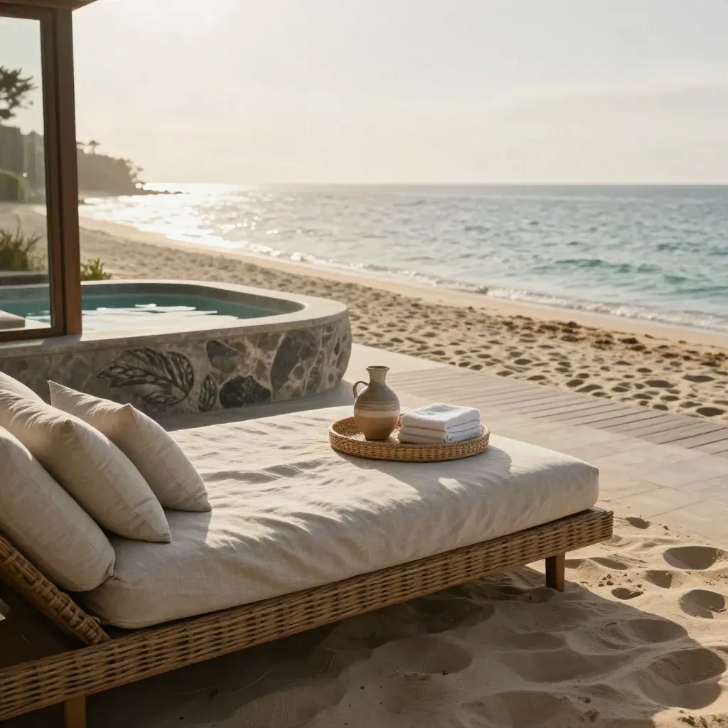 Fresh beach villa terrace with linen daybed, stone tub and path to shallow water at dawn