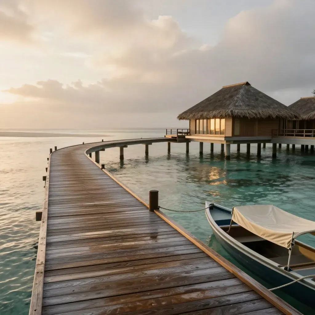 Rain-washed overwater resort cove with dock, tender, villa terrace and sunrise mist.