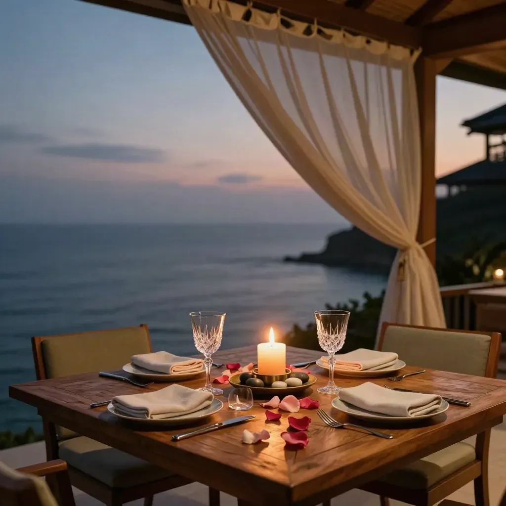 Twilight honeymoon villa terrace set for dinner with candles, canopy, spa stones, and rose petals.