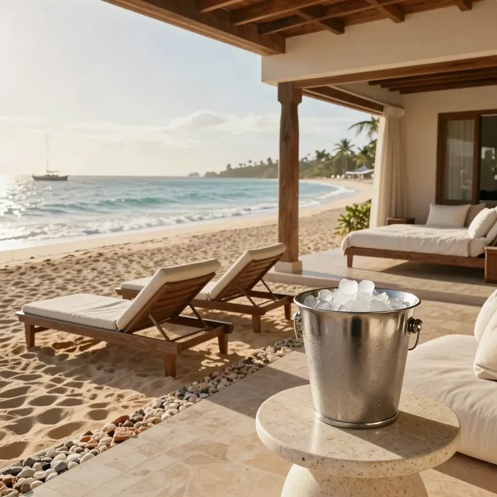 Barbados honeymoon suite terrace with champagne bucket, loungers, sea path, and a distant boat