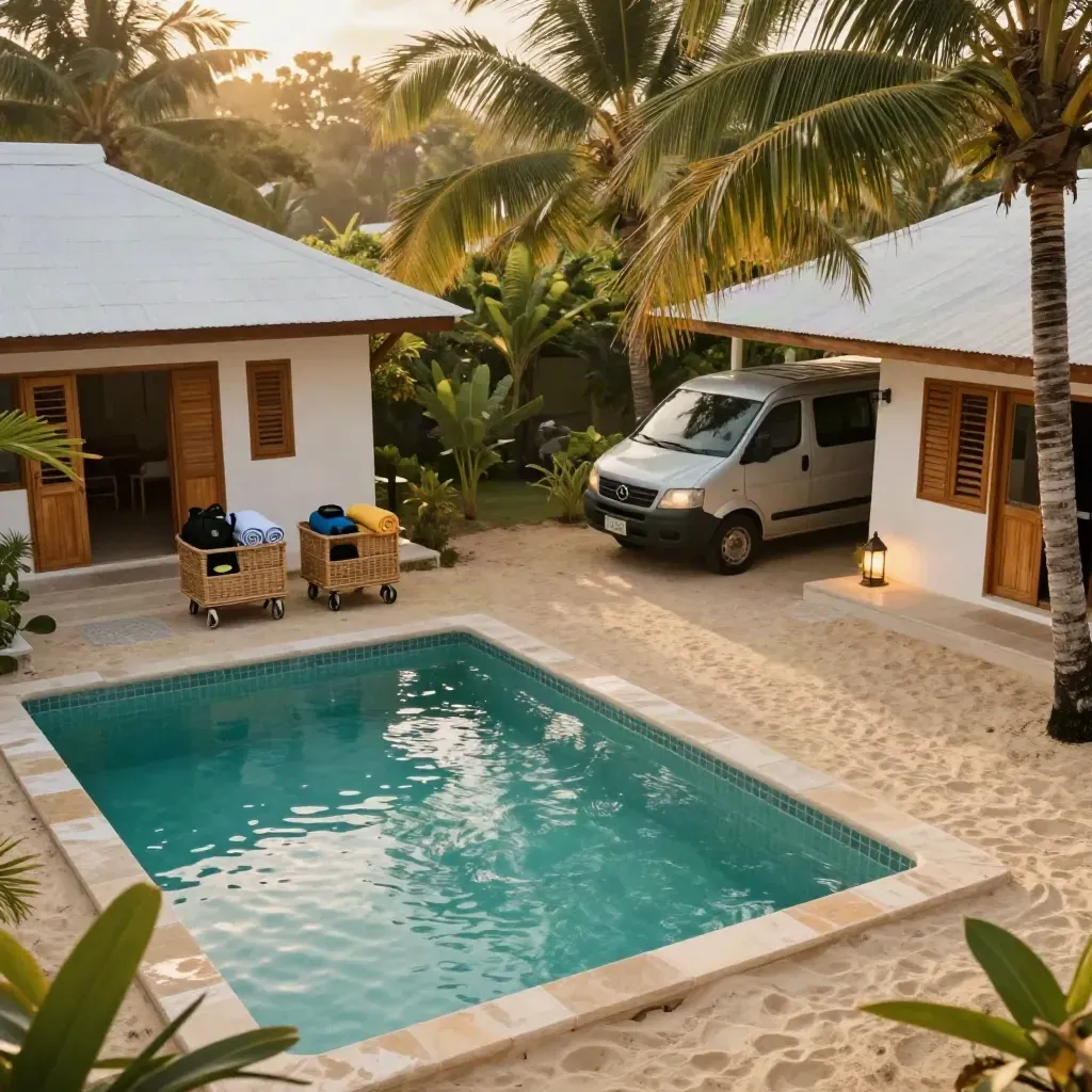 Jamaica villa courtyard with pool, beach carts, and waiting transfer van