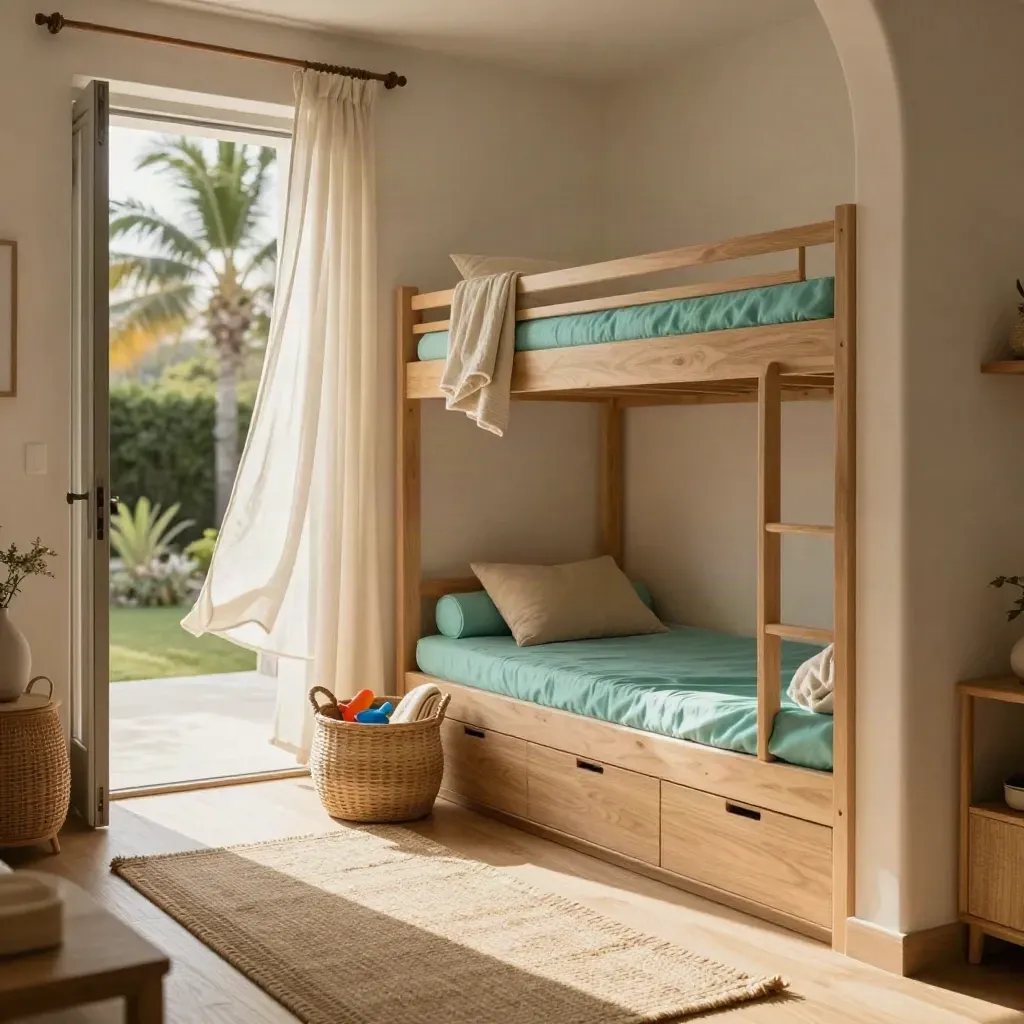 Warm family suite with bunk alcove, woven toy basket, rolled towels and garden patio light.