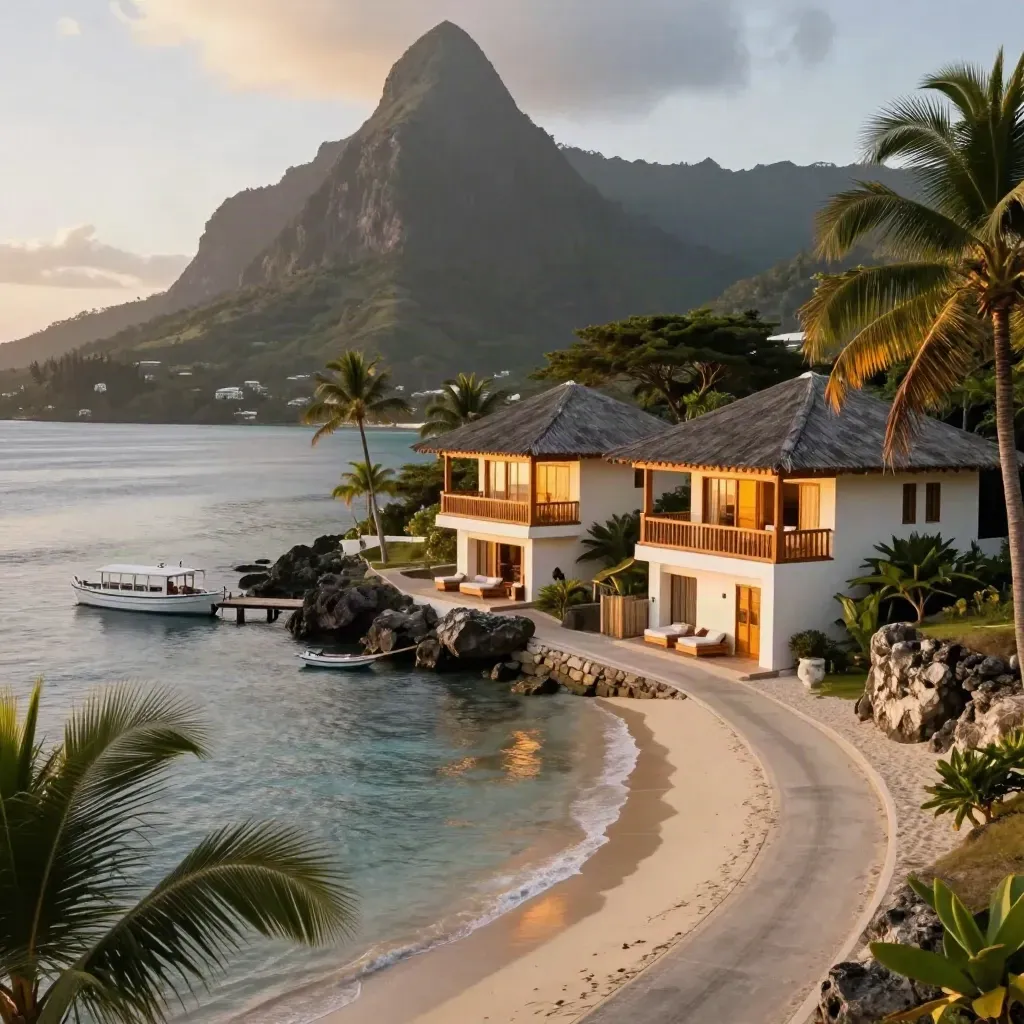Elevated Saint Lucia resort with glowing balconies, pier boat, and curving bay road below the Pitons.