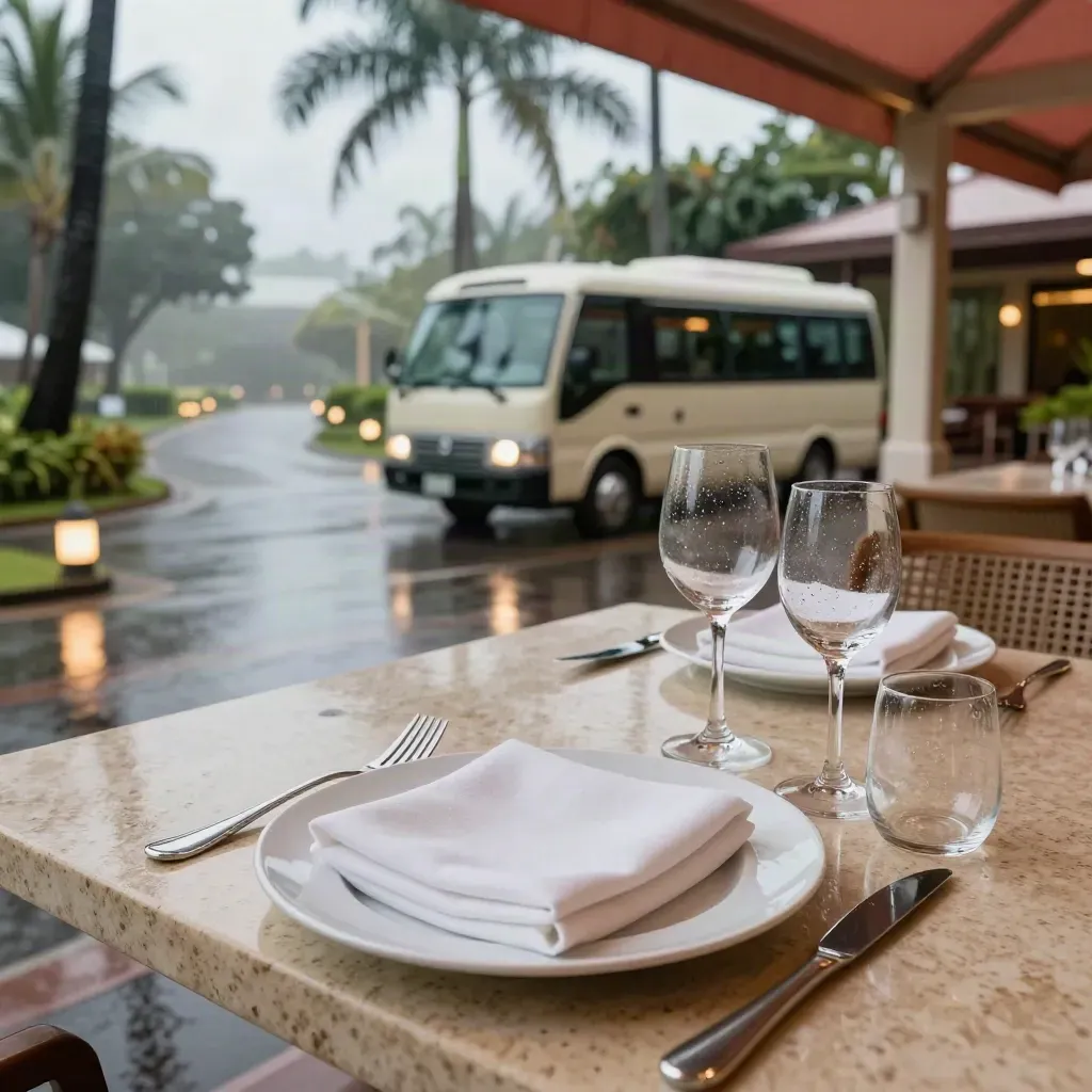 Rain-slick Mauritius terrace with two dinner settings, parked shuttle, and lit driveway path