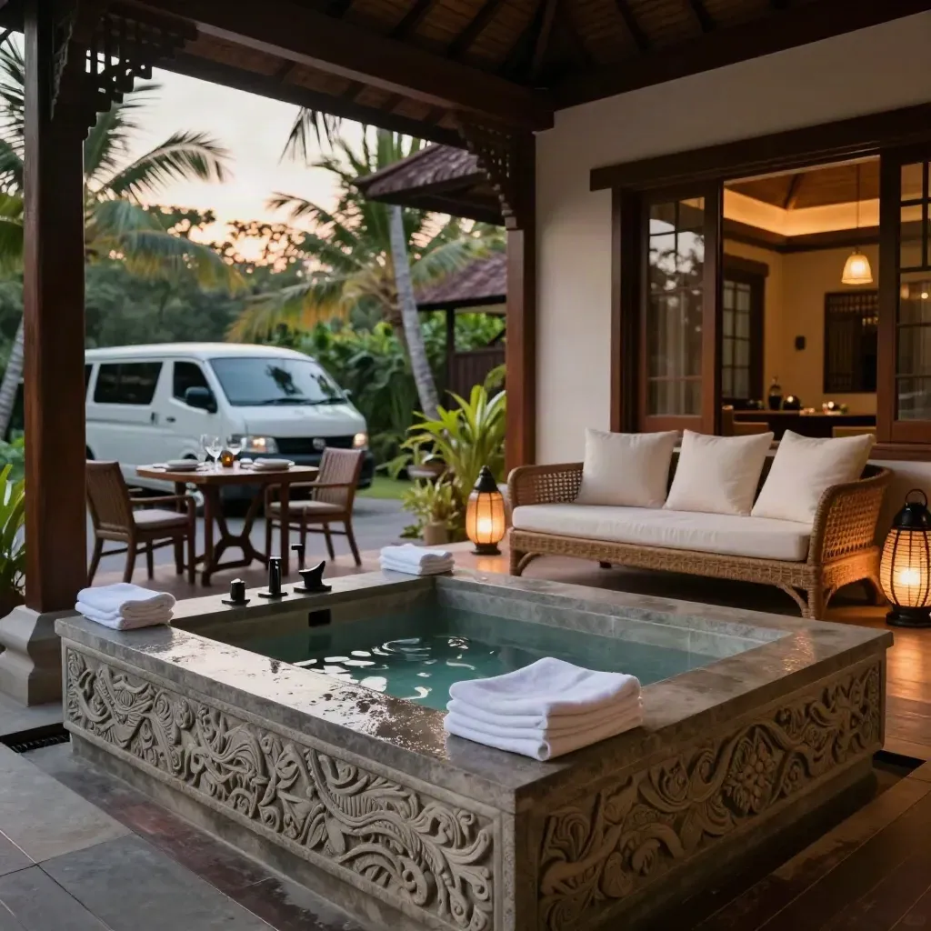 Stone spa bath, dining terrace, and parked van in a Bali pavilion at dusk.