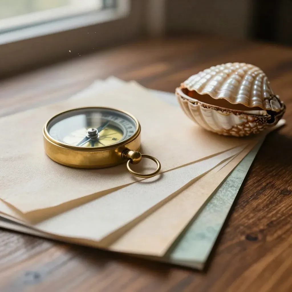 Brass compass, shell box and travel swatches on dark timber in a macro trip-planner still life
