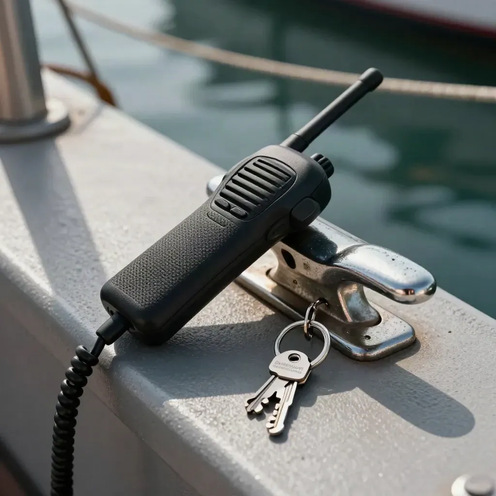 Marine radio handset, dock cleat, and key fobs on a graphite marina ledge in dramatic side light.