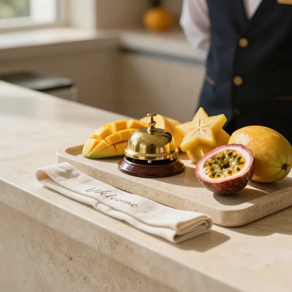 Brass bell, tropical fruit tray, and folded linen ribbon on a pale resort counter.