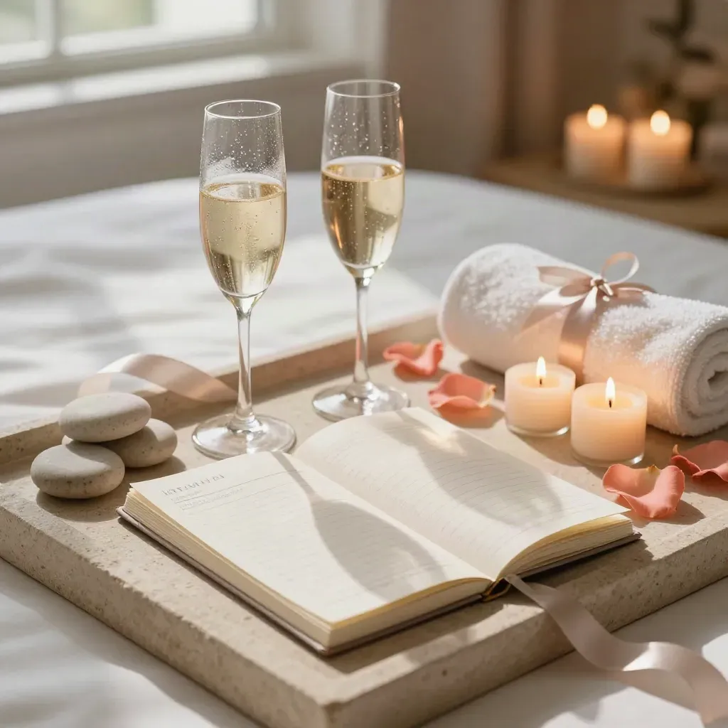 Champagne flutes, spa stones, petals and candles on crisp linen for a honeymoon package