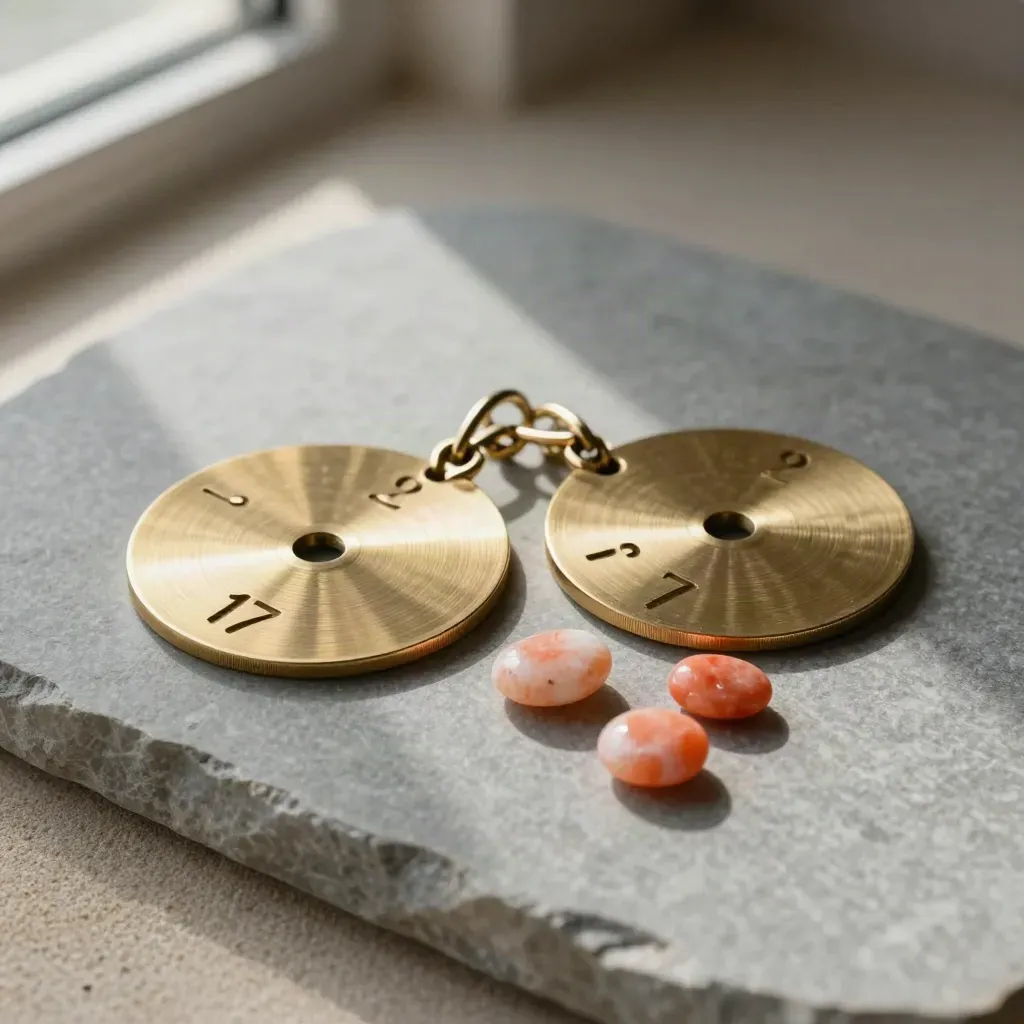 Brass date disks, carry-on charm, and coral pebbles on matte stone