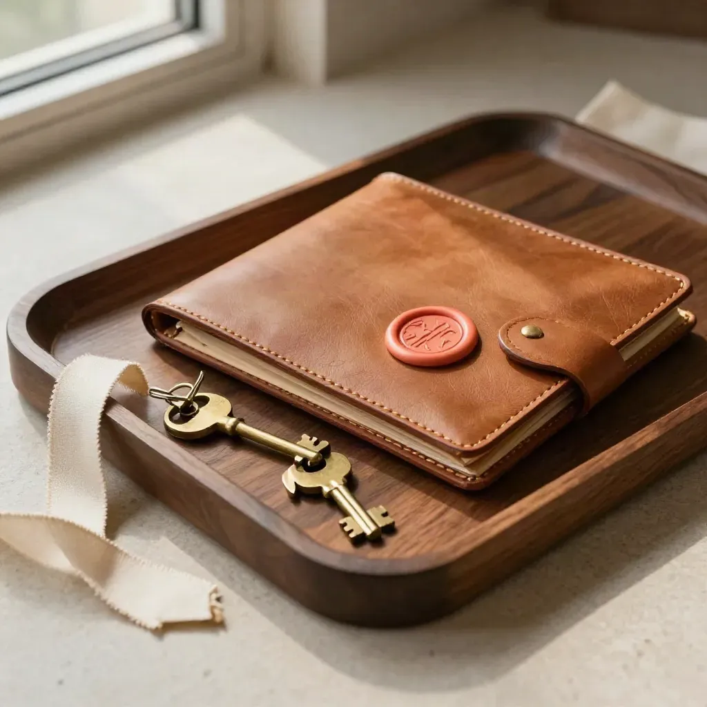 Leather folio, brass keys, wax seal and linen ribbon on a dark wood tray.