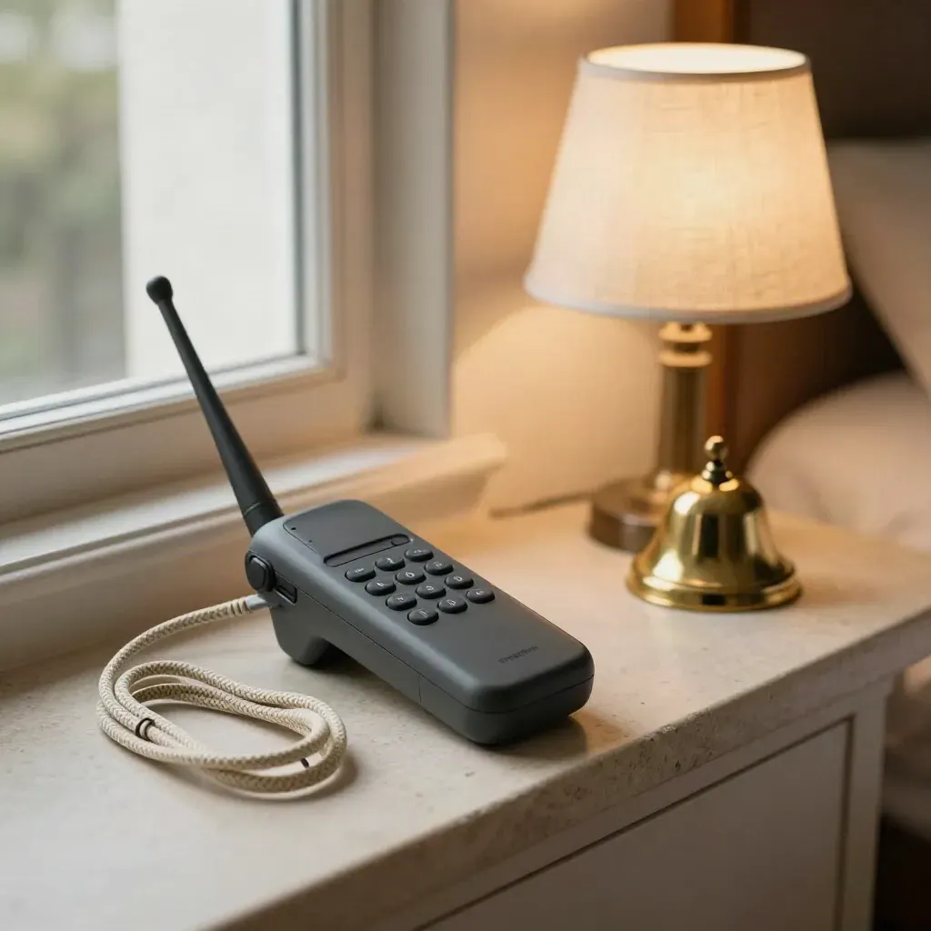 Radio handset, coiled cable, brass bell and bedside lamp on a pale plaster ledge.