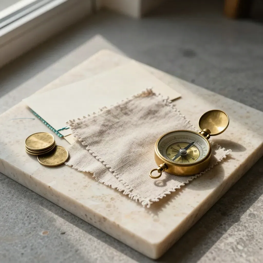 Brass compass, fabric swatches and stacked service tokens on travertine with a blurred card
