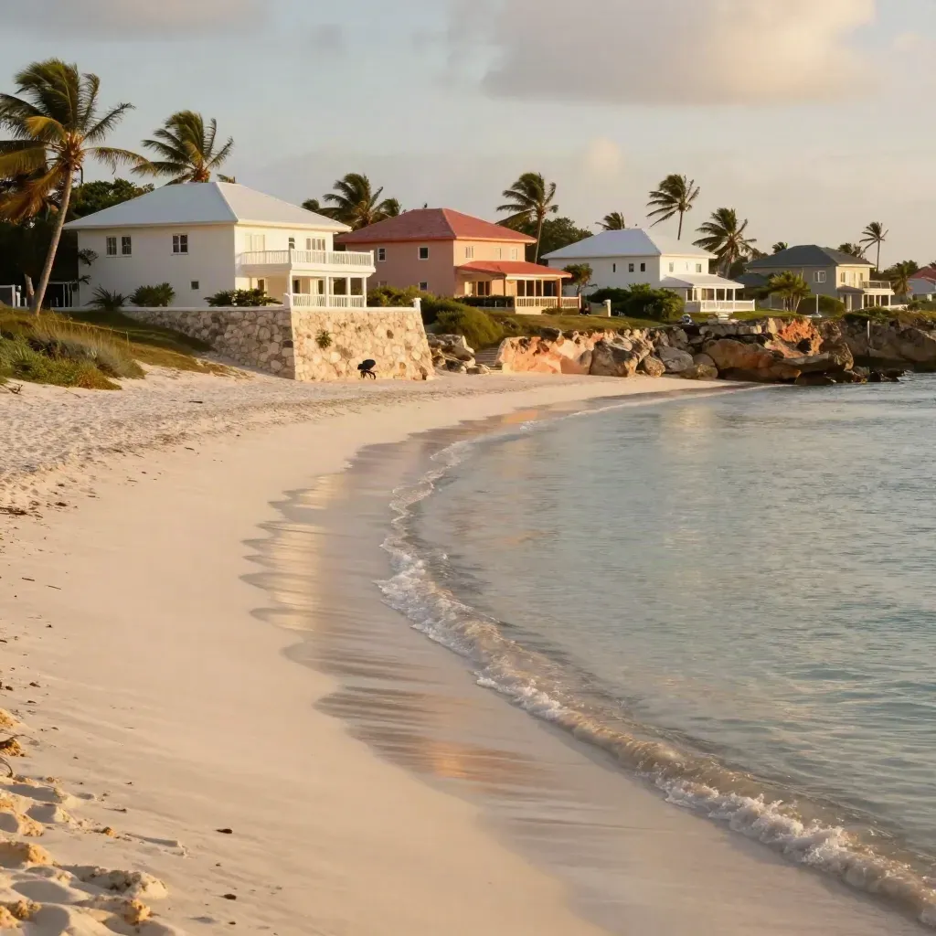 Barbados west coast at golden hour with coralstone rooftops above calm sand and soft surf