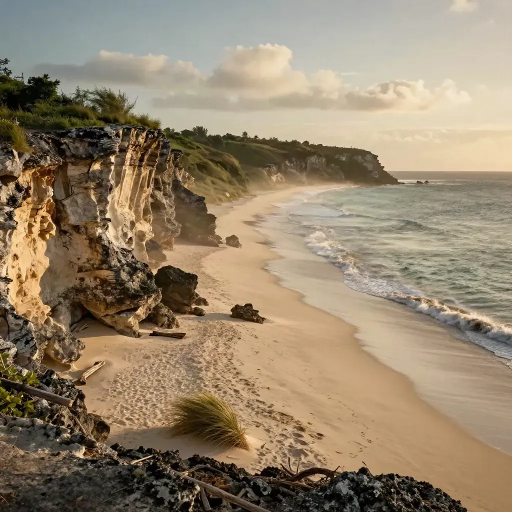 Negril cliffs above a pale beach and hazy surf at golden hour