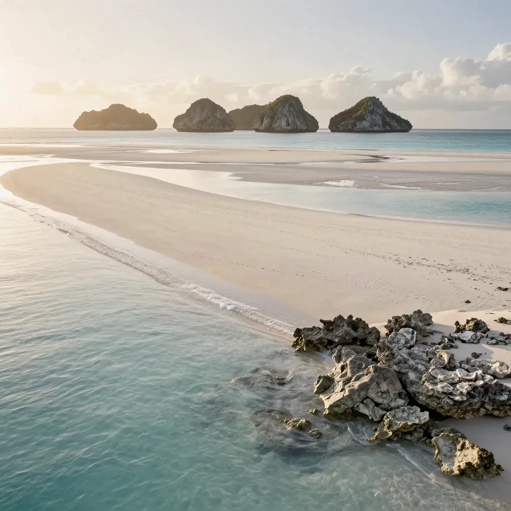 Exuma cays over pale tidal flats with calm shallow water and low islands