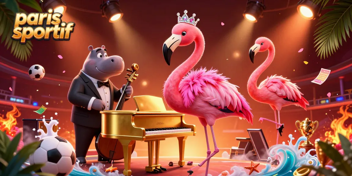 Paris sportif : un flamant rose chanteur et un hippopotame musicien entourés d'éléments de paris sportifs.