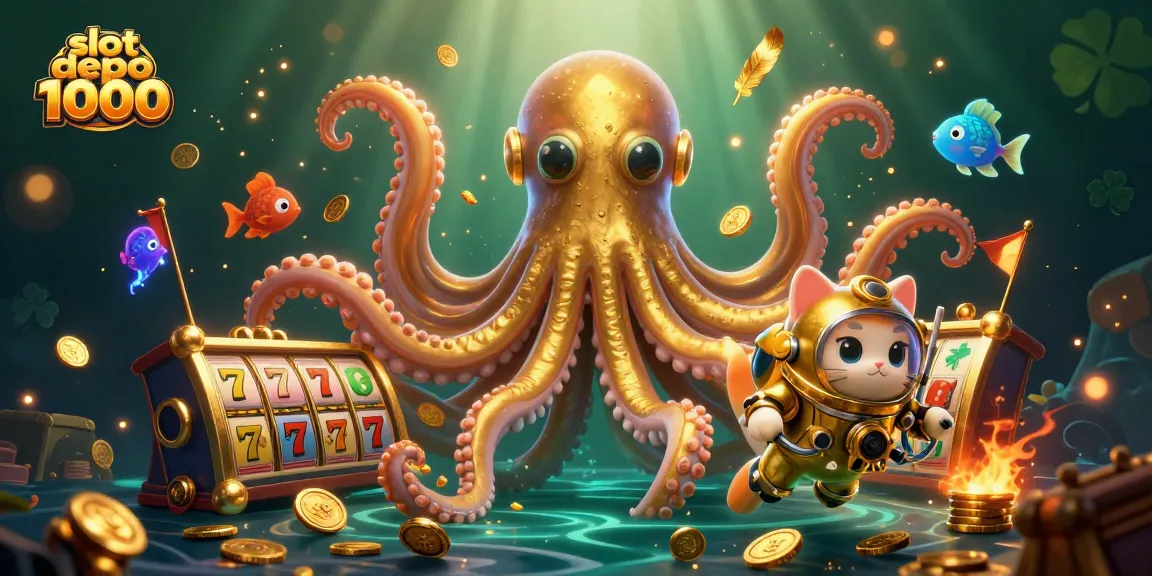 Engage with slot depo 1000 through a dynamic illustration featuring a kraken and diving cat in an energetic casino scene.