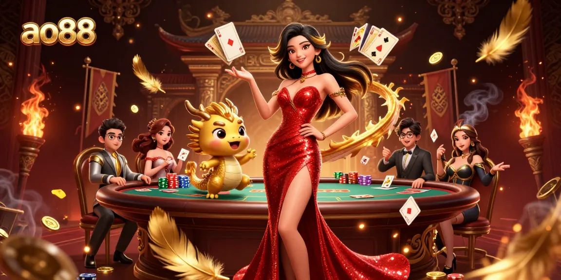Engage with the thrill of ao88 as a confident Asian woman showcases her winning cards in a vibrant casino scene.