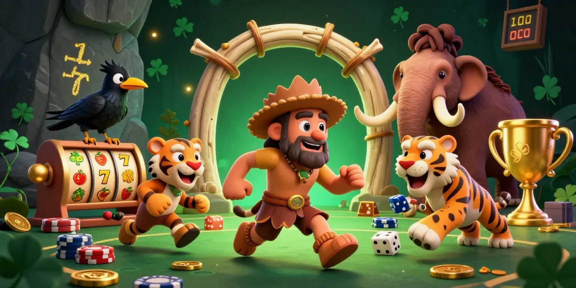 Casino en ligne légal en France : animation captivante d'un homme des cavernes et d'un tigre à dents de sabre jouant aux jeux de hasard.