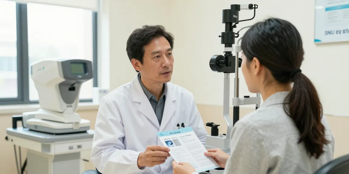 Doctor discussing ICL/Toric ICL procedures at snuseoulglobal.com/id in a bright eye clinic.