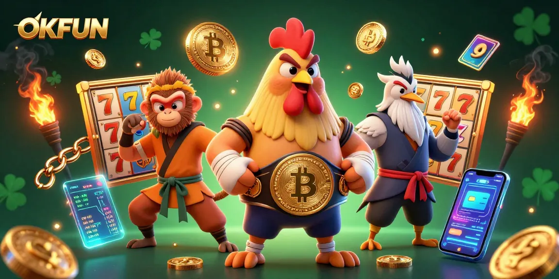Engage with OKFUN's vibrant casino scene, featuring a Muay Thai rooster and slot symbols amidst colorful gaming elements.