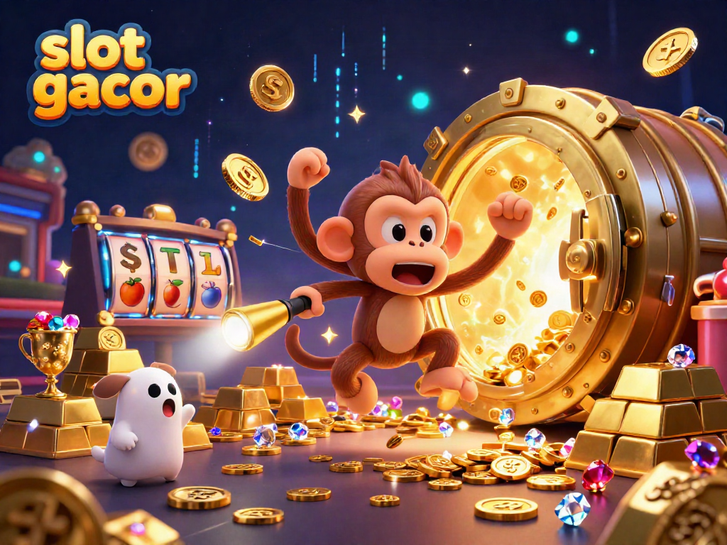 Experience thrilling slot gacor action with a mischievous monkey and ghost-hunter puppy in a vibrant casino scene.