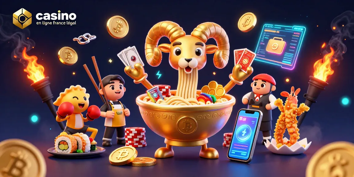 Une illustration 3D dynamique avec un bol de ramen géant et des éléments de casino pour "casino en ligne france légal".
