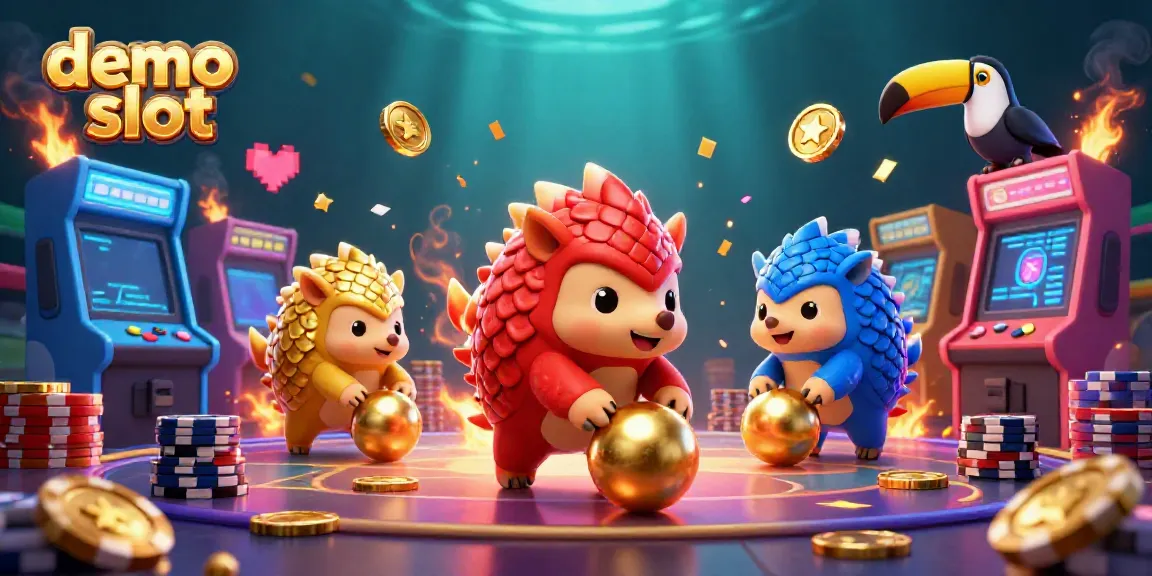 Menangkan permainan demo slot dengan dua pangolin berwarna yang bersaing, dikelilingi chip poker.