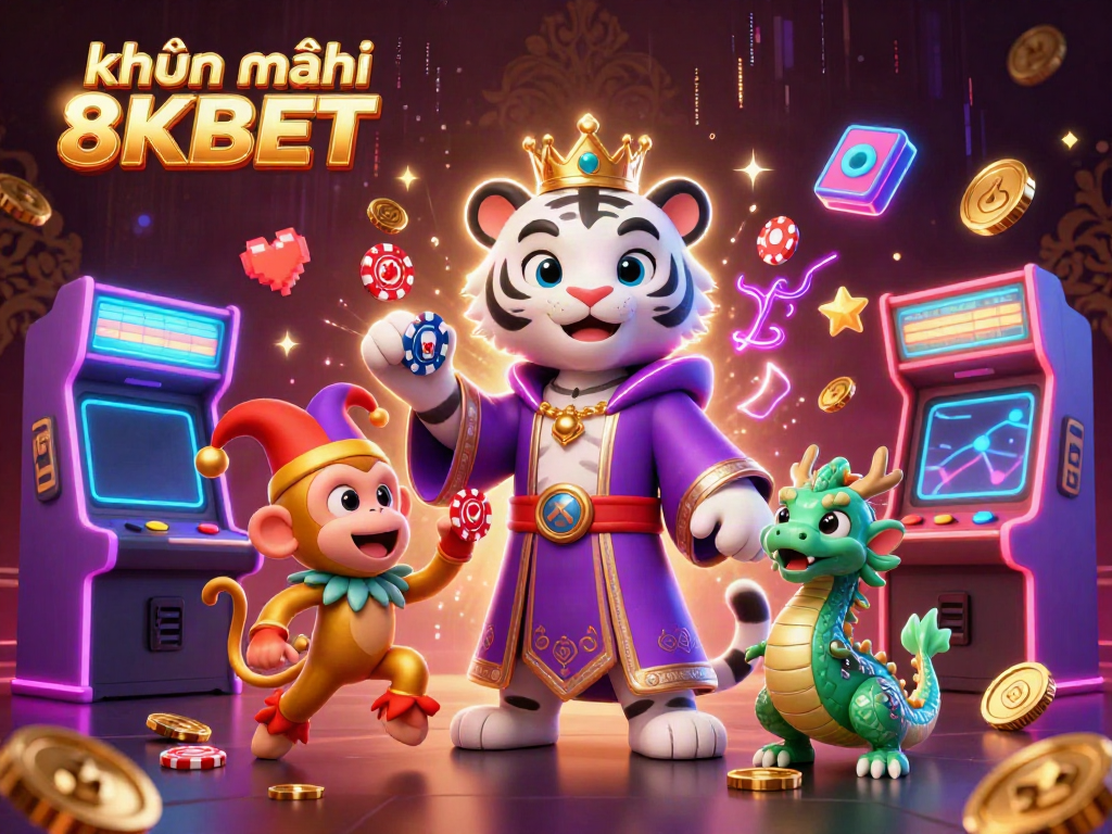 Experience khuyến mãi 8KBET with vibrant casino elements and dynamic characters in a colorful casino setting.