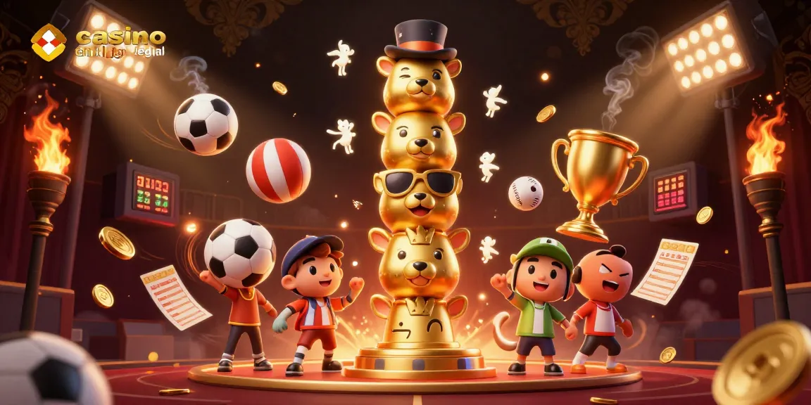 Illustration dynamique de casino en ligne France légal avec un totem doré et des éléments sportifs en mouvement.