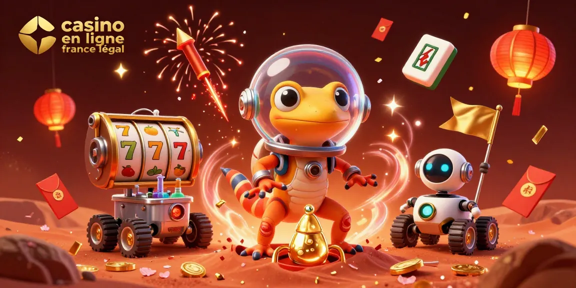 Une illustration d'un gecko martien découvrant un casino en ligne France légal sous le sable rouge.
