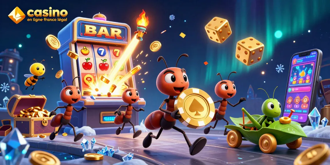 Visualisez un groupe dynamique d'ants transportant un jeton de poker doré dans un tunnel, illustrant l'esprit du casino en ligne france légal.