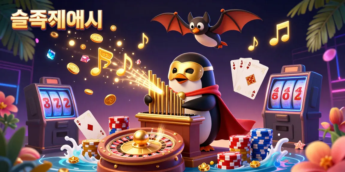 Experience 바카라 slots with the whimsical gangster penguin playing organ, showering golden coins and gems in this lively 귀여운 illustration.