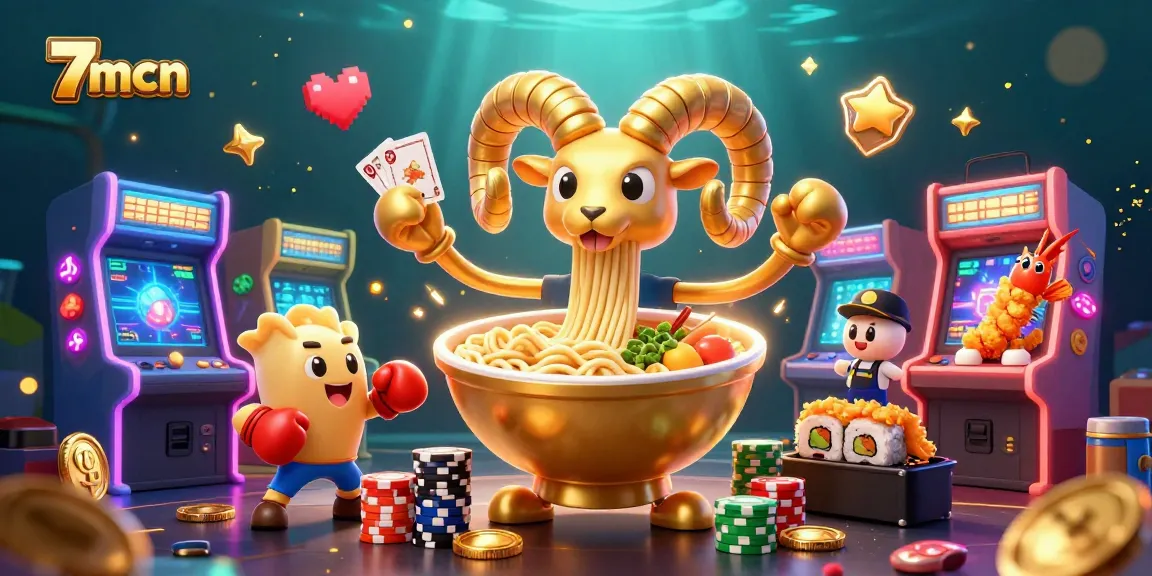 Engage with 7mcn's vibrant casino scene featuring animated characters and gaming elements.