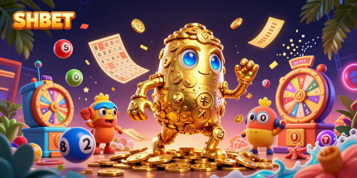 Engage in thrilling gameplay at SHBET with a dynamic fantasy scene featuring a golden golem and vibrant lottery elements.
