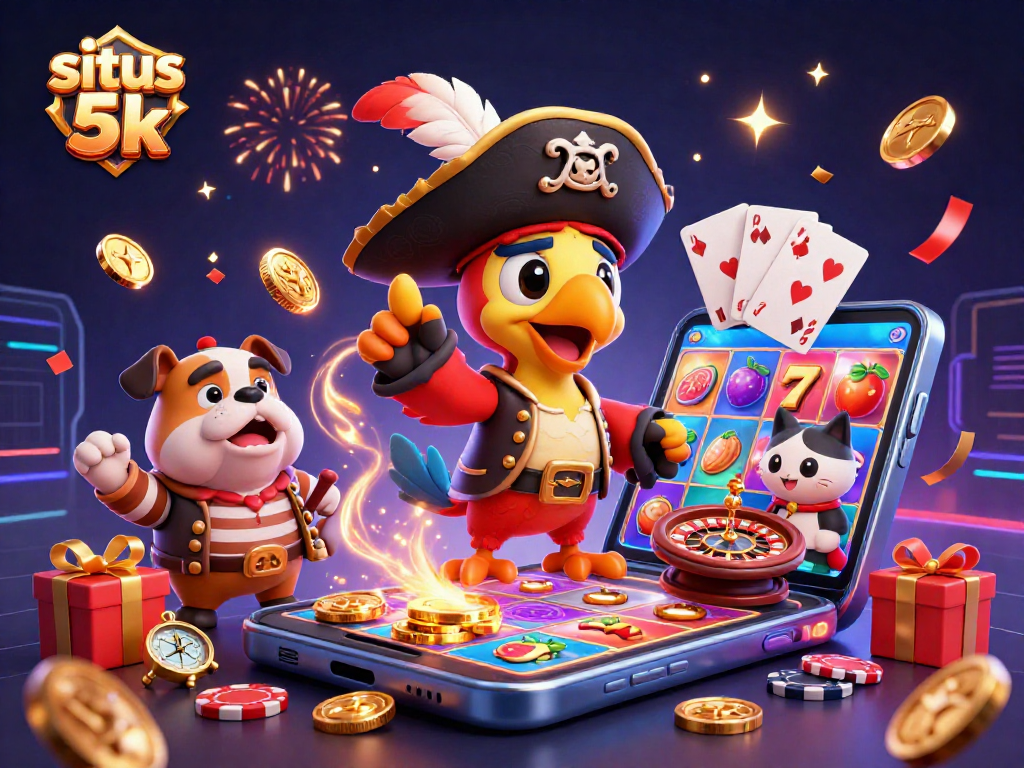 Engage with situs 5k slot gameplay featuring colorful slot reels, gold coins, and festive celebration.