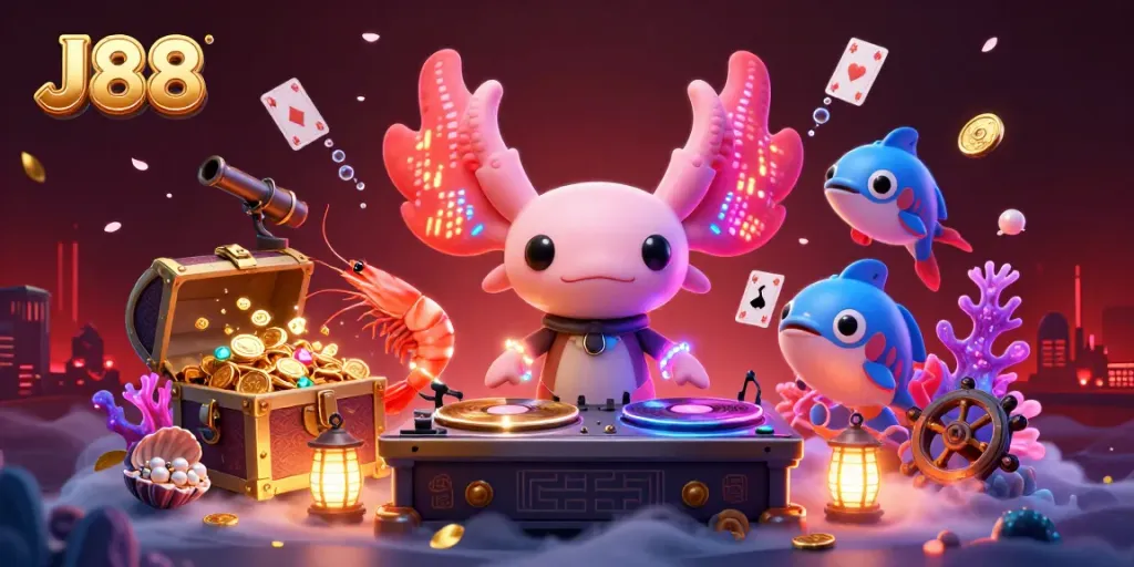 Experience the vibrant J88 online casino with neon axolotl DJ and dynamic underwater themed entertainment.