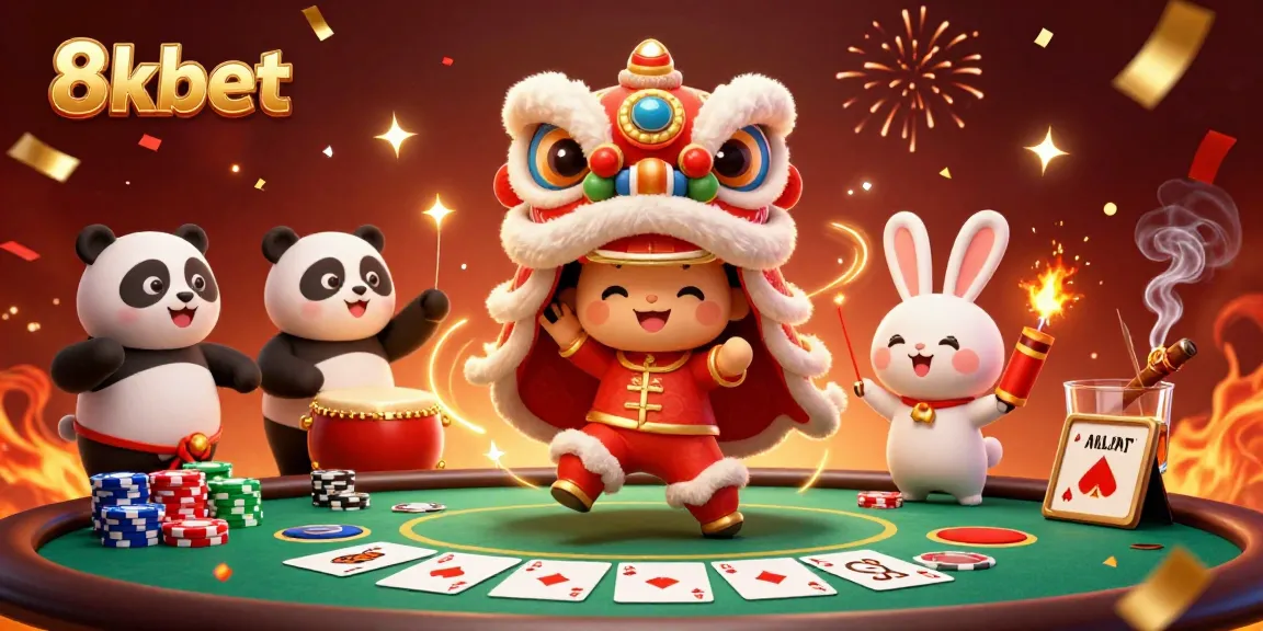 Win big with 8xbet's vibrant casino illustration featuring festive characters and poker excitement.