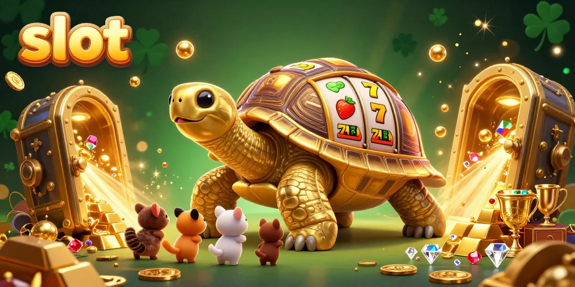 Experience thrilling slot gameplay with a golden tortoise slot machine drawing excited players and shining treasure.