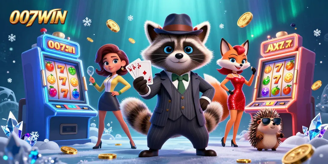 Experience thrilling slots action with 007WIN featuring a raccoon, fox lady, and bouncer in a dynamic casino scene.