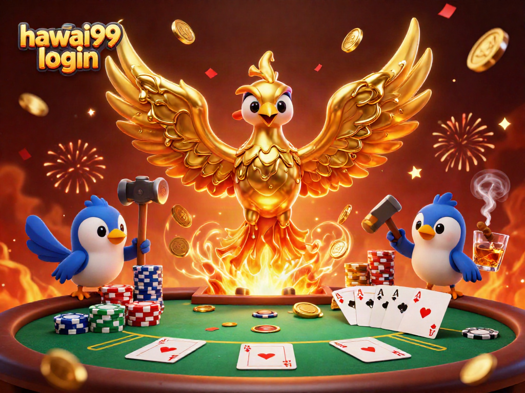 Experience thrilling hawai99 login adventures with an artistic depiction of casino elements and a golden phoenix.