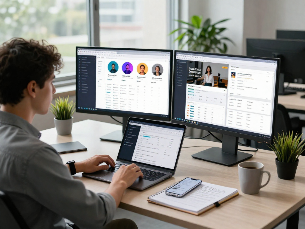 Digital marketer managing multiple accounts with an antidetect browser in a modern office workspace.