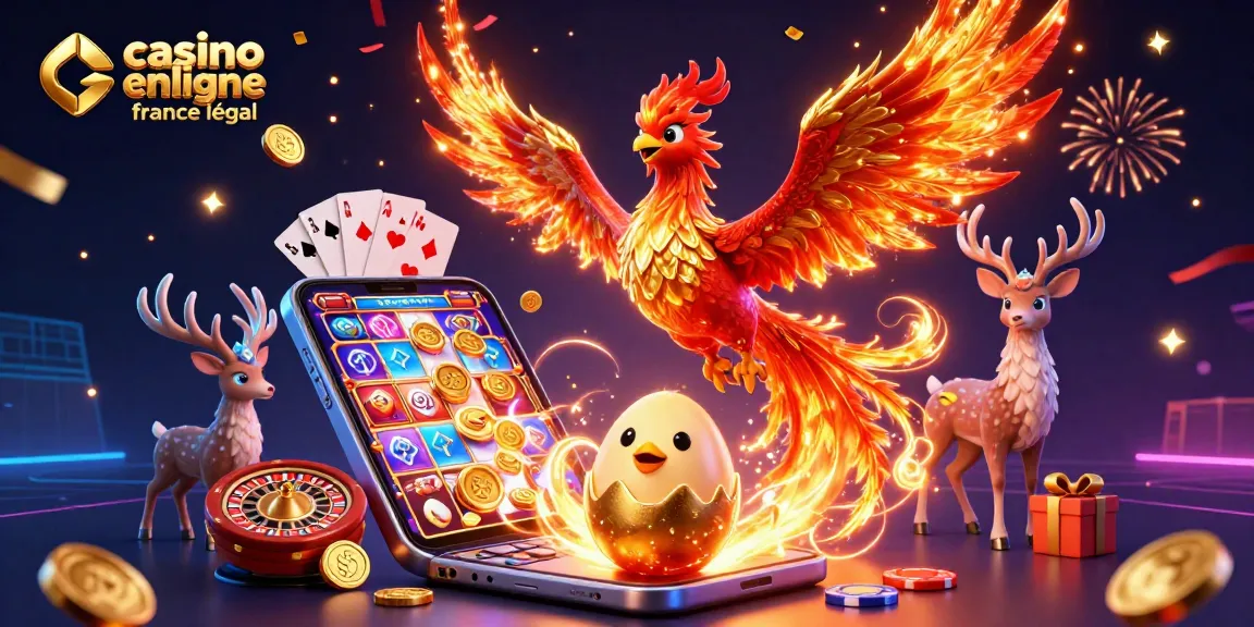 Jeu captivant au casino en ligne France légal avec un phénix en feu et un smartphone de jeux colorés.