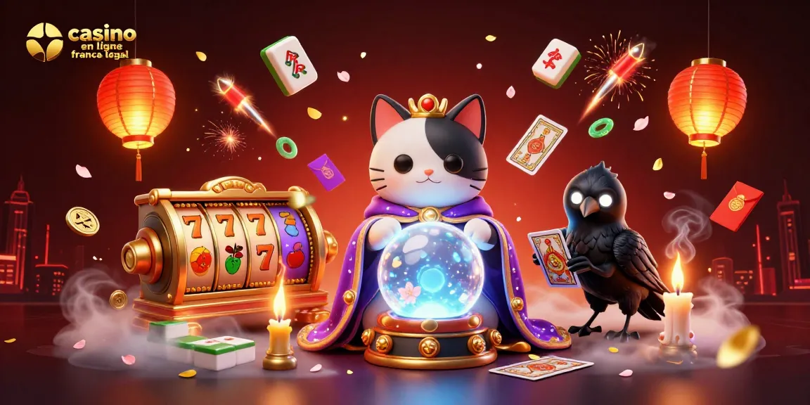 Illustration captivante de casino en ligne France légal, avec un chat mystique et des éléments de jeu.