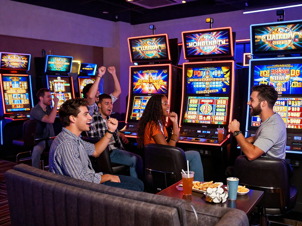 Friends celebrating a big win at a slot machine in a vibrant casino setting.