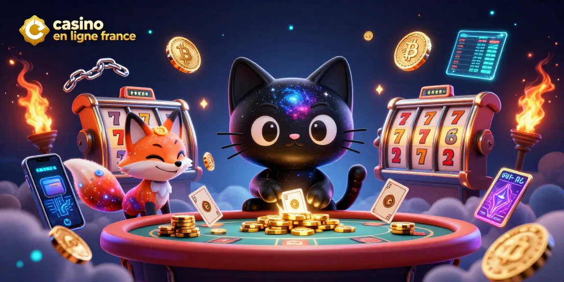 Casino en ligne France : chat noir gravitationnel et renard nébuleux attirant des jetons d'or.