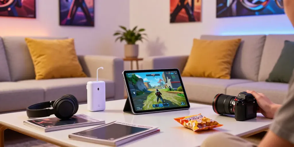 Person immersing in ROKOK88 APK gaming experience with tablet, headphones, and gaming accessories in a cozy living room.