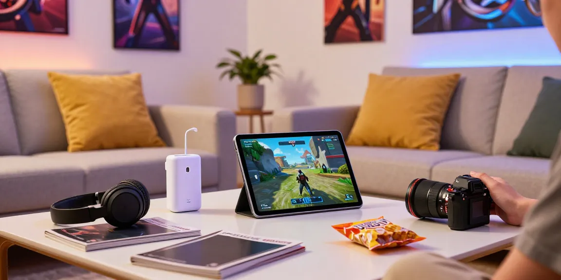 Person immersing in ROKOK88 APK gaming experience with tablet, headphones, and gaming accessories in a cozy living room.