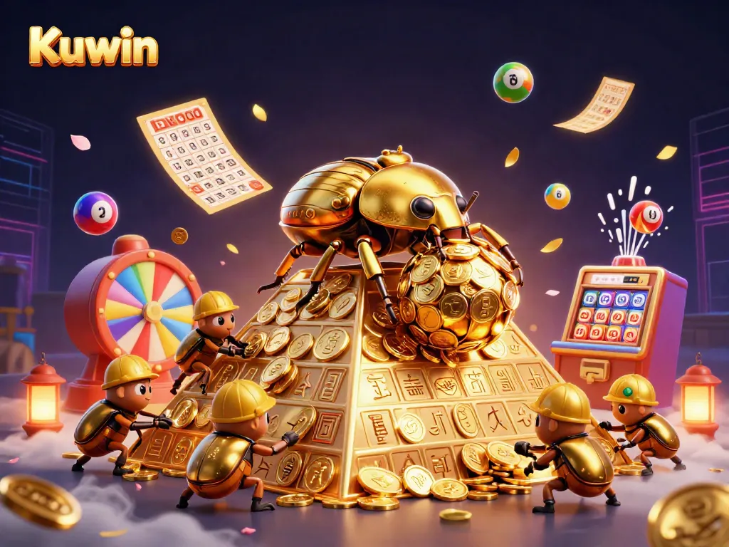 Kuwin attracts players with a dynamic 3D scene of golden beetles and casino symbols, showcasing excitement and adventure.